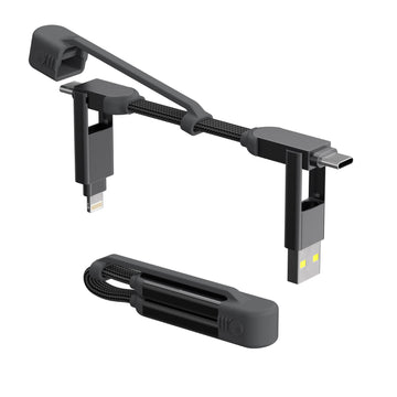 inCharge® XS - 240W, 4in1 keyring cable - Lanzarote Gray - Compact gray keyring 4-in-1 charging cable with USB, Lightning, and USB-C connectors. - Rolling Square